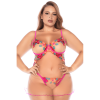 Nuisette grande taille en résille et dentelle florale rose et string assorti -