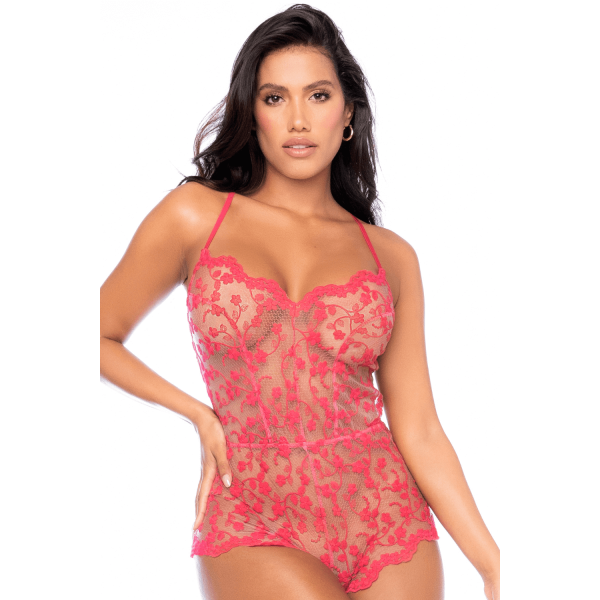 Body sexy en dentelle transparente couleur cerise