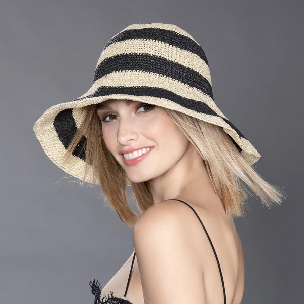 SAN REMO Chapeau turban noir et blanc en rafia