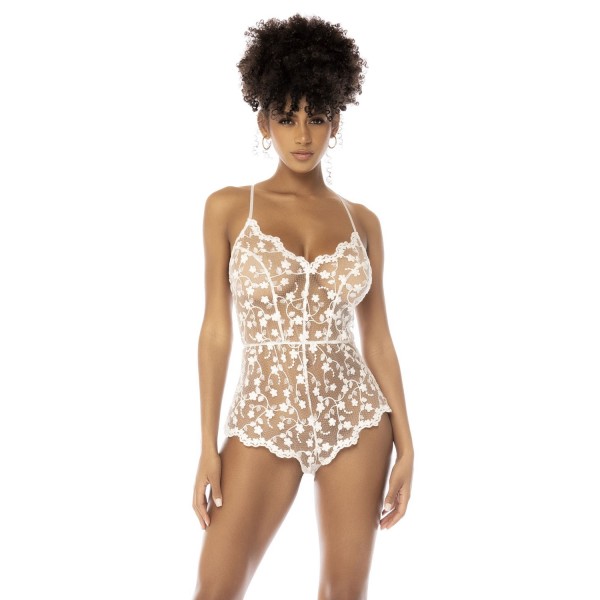Body blanc sexy en dentelle transparente brodée