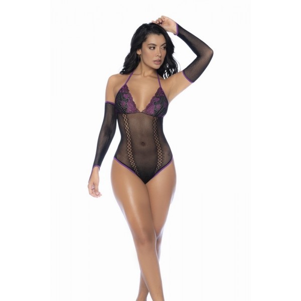 Ensemble body résille et dentelle Noir/Violet