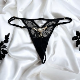 String noir avec bijou perle & strass dorés