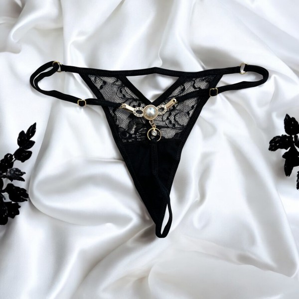 String noir avec bijou perle & strass dorés