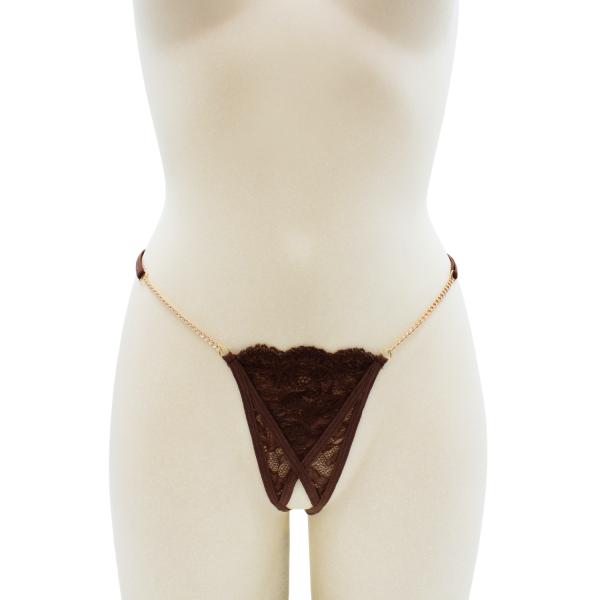 String en dentelle marron ouvert avec chaînes dorées