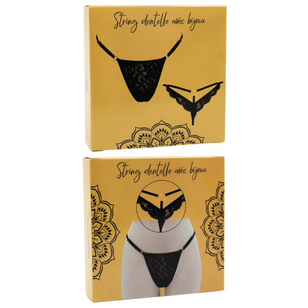 String noir en dentelle avec bijou cœur doré