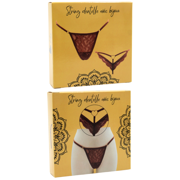 String couleur taupe (marron) en dentelle avec bijou cœur doré