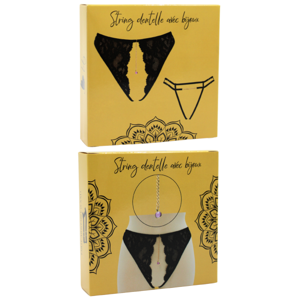 String noir ouvert  avec bijou couleur et chaîne dorée