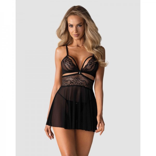 Babydoll noire dentelle & string assorti