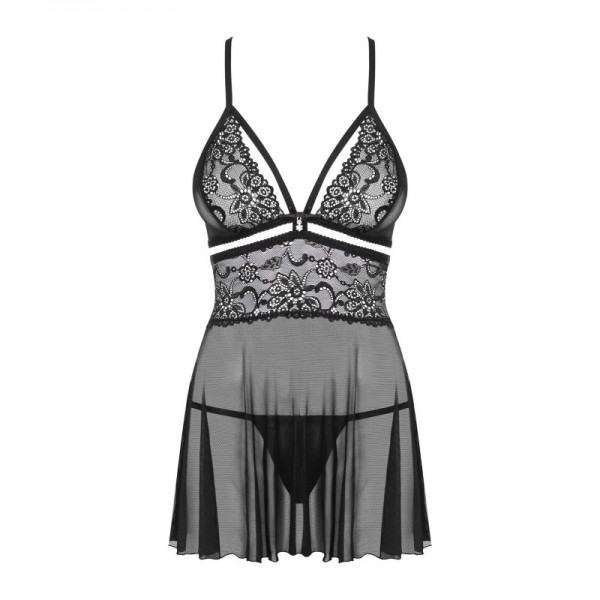 Babydoll noire dentelle & string assorti