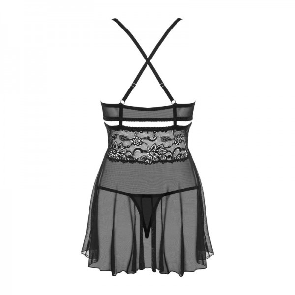 Babydoll noire dentelle & string assorti