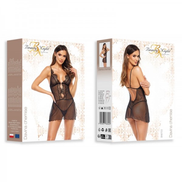 Nuisette en dentelle et tulle noire & string DAVINA