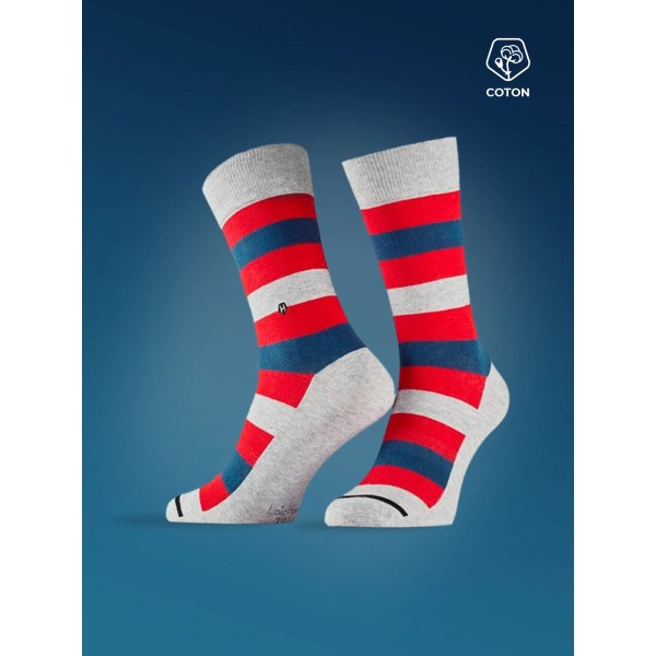Chaussette bandes grises- rouge et bleu