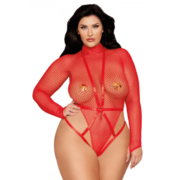 Ensemble 2 pièces Bodystring grande taille rouge en résille – Manches longues