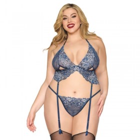 Soutien porte jarretelles grande taille et string en dentelle florale bleue