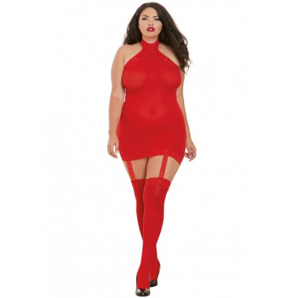 Bodystocking rouge GT avec jarretelles – effet guêpière sexy pour femmes pulpeuses