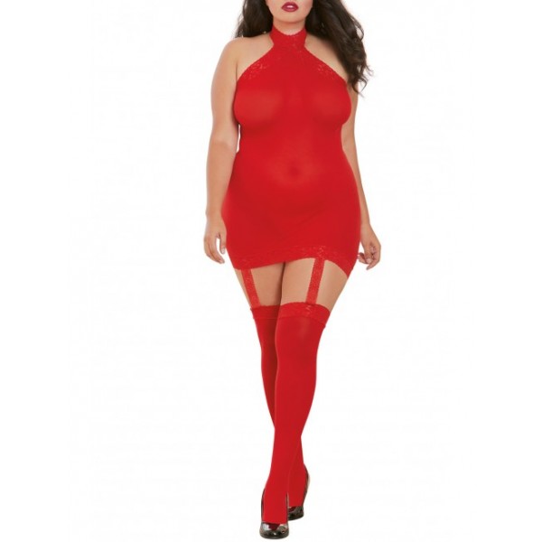 Bodystocking rouge GT avec jarretelles – effet guêpière sexy pour femmes pulpeuses