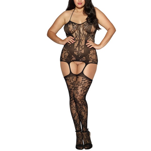 Bodystocking  noir GT guêpière et bas dentelles