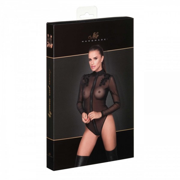 Body noir F221 tulle brodé zippé   - Noir Handmade