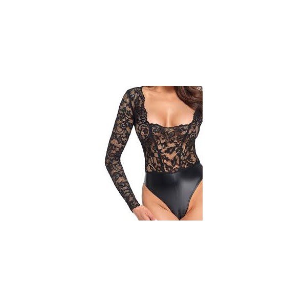 Body Psyche F296 en dentelle et wetlook  - Noir Handmade