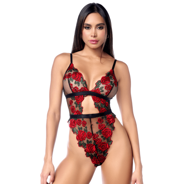 Teddy en résille noire brodée de roses avec ceinture - MAL8961BKRD