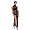 Robe longue noire F239 en tulle brodé  - Madonna Lingerie