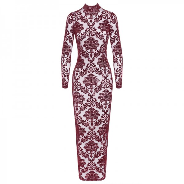 F383 KINK ROYAL robe longue brodé bordeaux