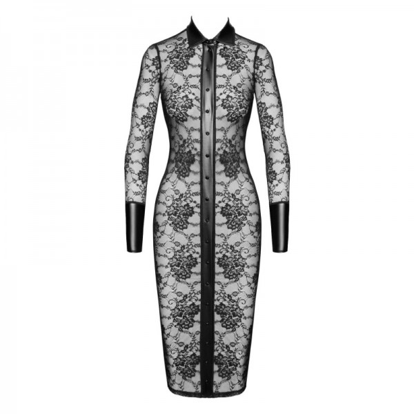 F376 Noirelle Robe à boutons mi-longue en dentelle