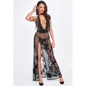 Robe longue DIVINITY F312 en maille floquée avec dos ouvert  -  Madonna Lingerie