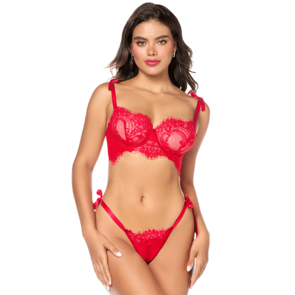 Ensemble sexy 2 pièces en dentelle avec liens à nouer et string