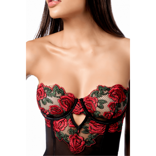 Babydoll noir broderie rouge sensuelle avec string dentelle