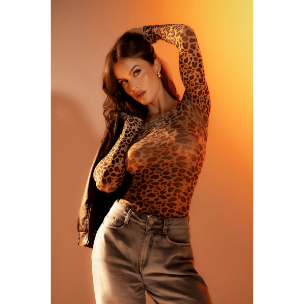 Body résille imprimé léopard manches longues