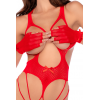 Body en résille rouge, seins nus avec gants assortis