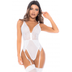 Body string en résille et dentelle blanche avec porte-jarretelles inclus,