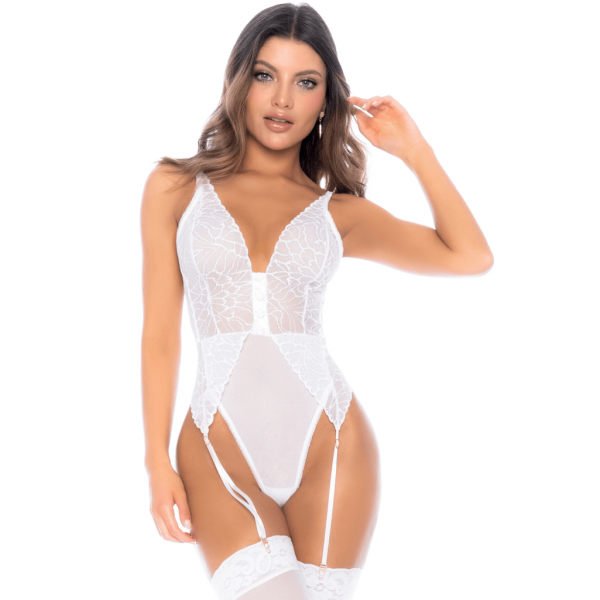 Body string en résille et dentelle blanche avec porte-jarretelles inclus,