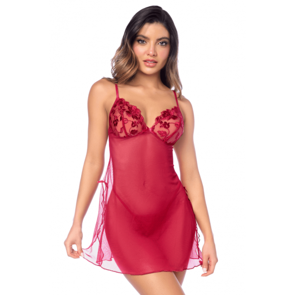 Babydoll sexy rouge en résille et broderies sur bonnets-string assorti