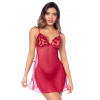 Babydoll sexy rouge en résille et broderies sur bonnets-string assorti