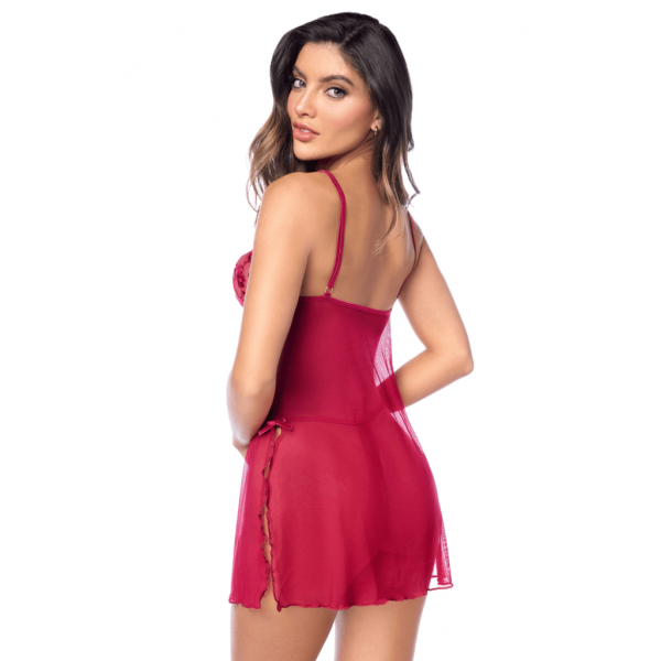 Babydoll sexy rouge en résille et broderies sur bonnets-string assorti