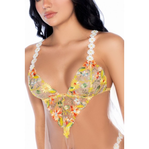 Nuisette sexy en tulle transparente brodée en jaune -string assorti