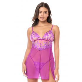 Babydoll Sexy fushia en résille brodée avec string inclus