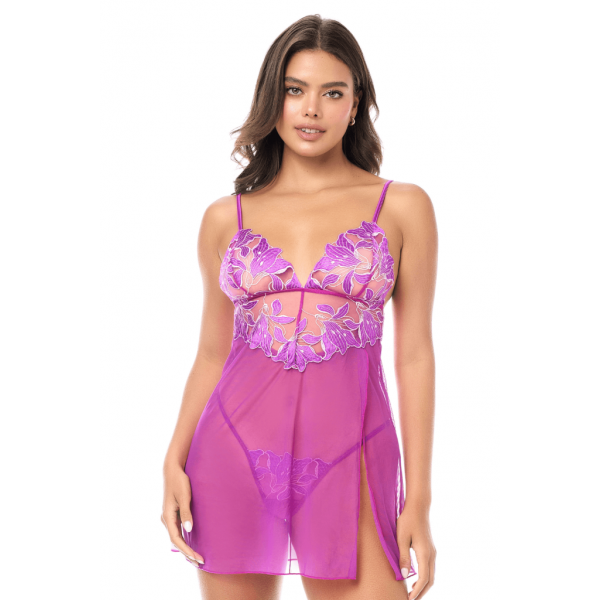Babydoll Sexy fushia en résille brodée avec string inclus