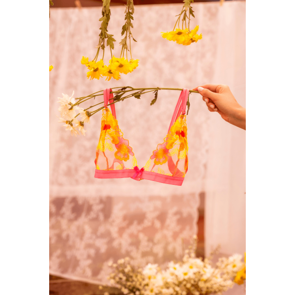 Ensemble 2 pièces sexy rose et jaune en maille transparente brodée