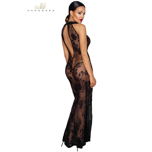 Robe longue tulle transparente brodée dos nu fente sexy
