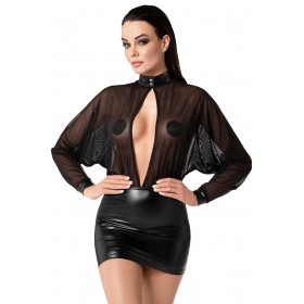 Mini robe noire OPIUM F348 wetlook et tulle - Noir Handmade