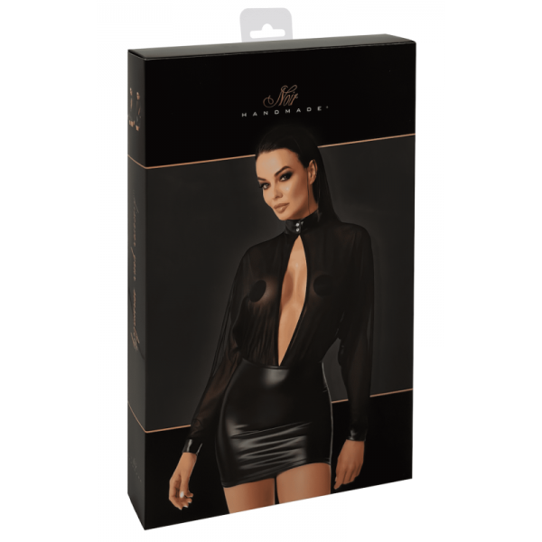 Mini robe noire OPIUM F348 wetlook et tulle - Noir Handmade