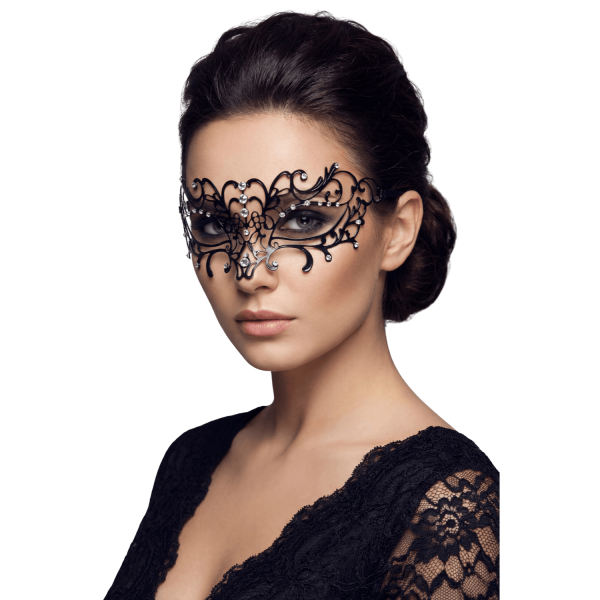 Masque vénitien ELENA rigide noir avec strass