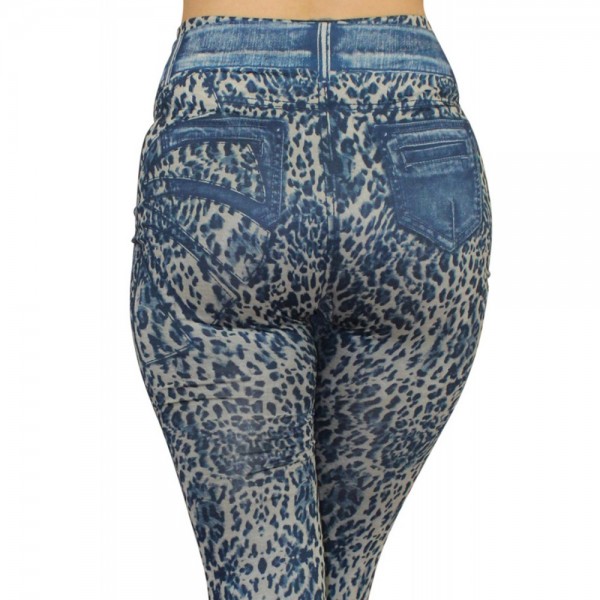 Legging bleu effet jean délavé imprimé léopard taille unique
