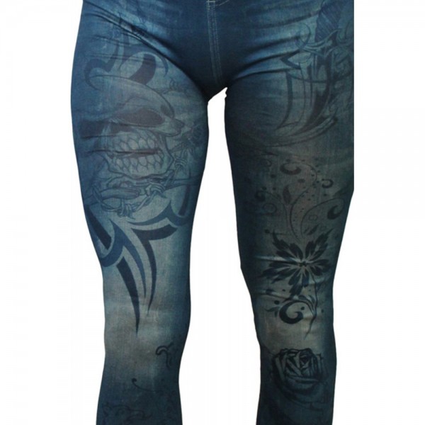 Legging bleu effet jean imprimé style tatouage