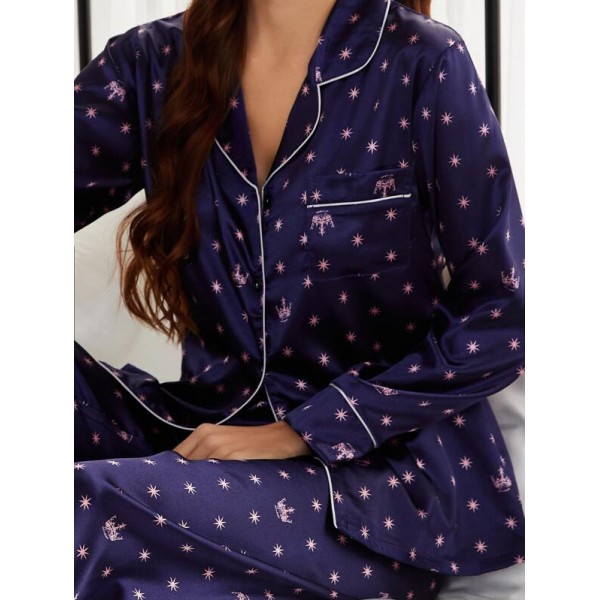Ensemble de pyjama en satin avec imprimé couronne & étoiles