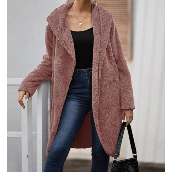 Manteau à capuche duveteux avec poches couleur Vieux Rose