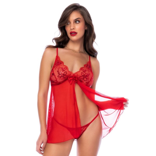 Babydoll glamour à paillettes et motif floral avec string assorti
